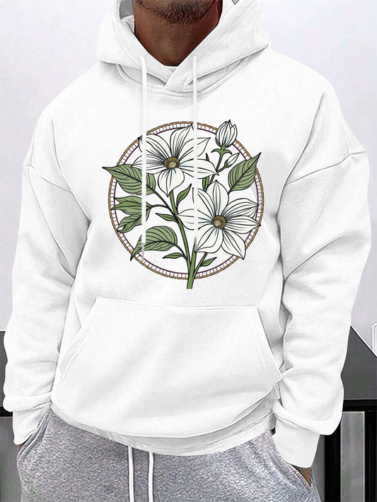 Men's Graphic Hoodie Botanical Circular Emblem With Green Leaves And White Blooming Floral Flower