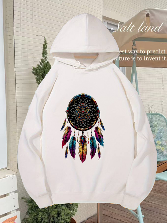 Men's Graphic Hoodie Colorful Ethnic Pattern With Feathers Hanging Under Dreamcatcher