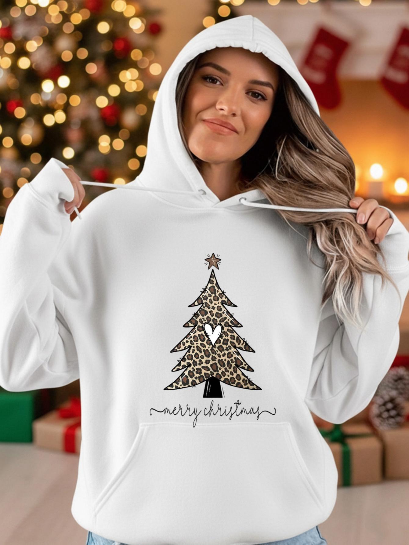 Women's Graphic Hoodie Merry Christmas With Leopard Print Holiday Tree Design