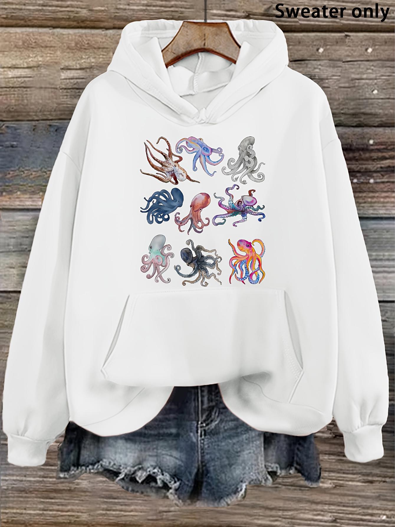 Women's Graphic Hoodie Vivid Colorful Sea Creatures Swimming Around Ocean Octopus