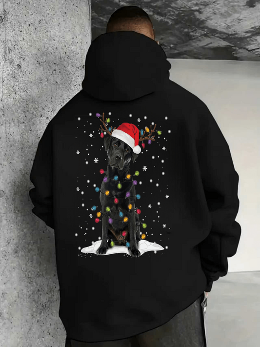 Men's Graphic Hoodie Playful Winter Snow With Colorful Lights And Festive Hat Dog