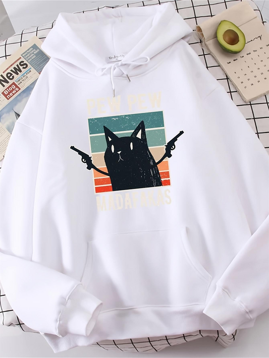 Men's Graphic Hoodie Retro Sunset With Playful Cat Holding Two Pistols Cat