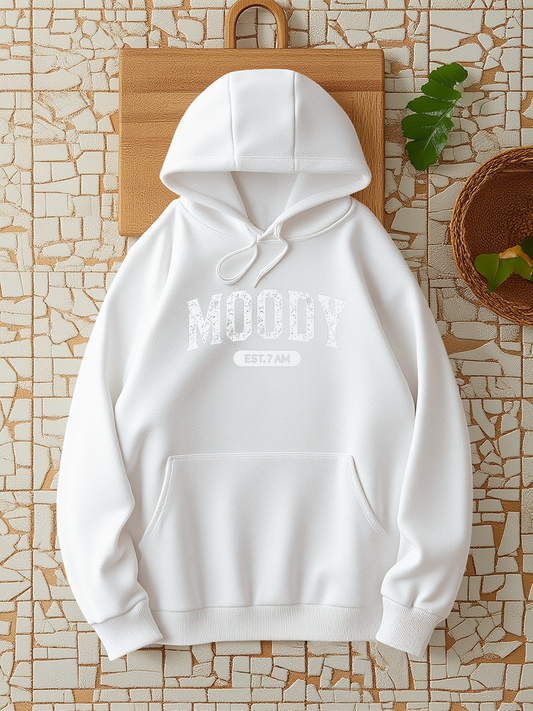 Men's Graphic Hoodie Moody Minimalist White Fleece With Bold Raised Lettering Hoodie
