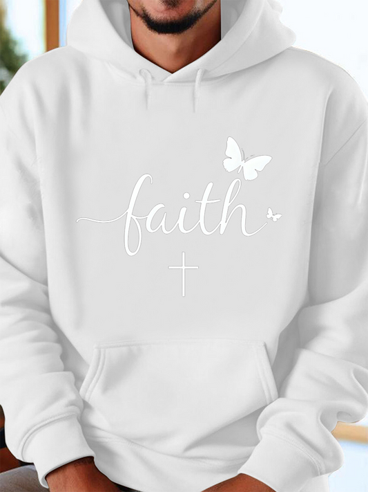 Men's Graphic Hoodie Faith With Butterfly And Gentle Cross Under Soft Light Hoodie