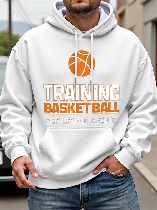 Men's Graphic Hoodie Classic Street Sports Hoodie With Orange Basketball Training Letterprint
