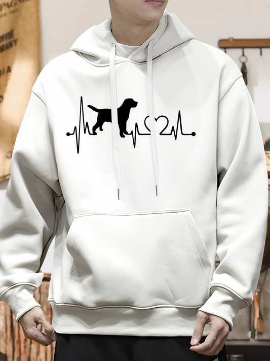 Men's Graphic Hoodie Heartbeat Line With Playful Puppy Silhouette On White Hoodie