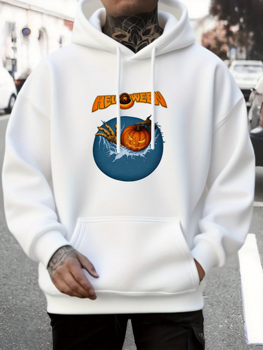 Men's Graphic Hoodie Halloween Night With Glowing Crescent Moon Pumpkin Patch Scene