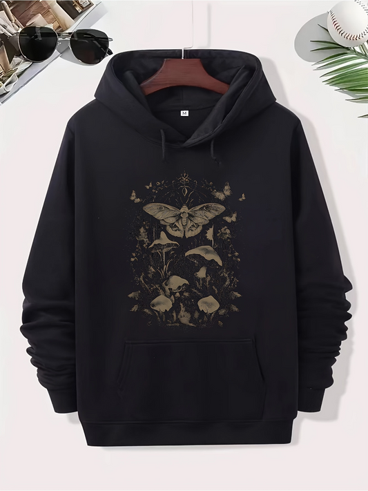 Men's Graphic Hoodie Forest Night With Mystical Moth Surrounded By Wild Fungi And Flowers