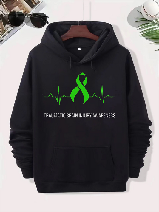 Men's Graphic Hoodie Traumatic Brain Injury Awareness Green Ribbon With Heartbeat Design Hoodie