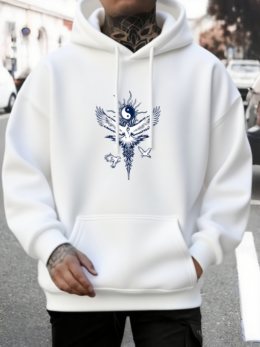 Men's Graphic Hoodie Yin Yang Surrounded By Flying Birds And Radiant Feathers Graphic Symbol