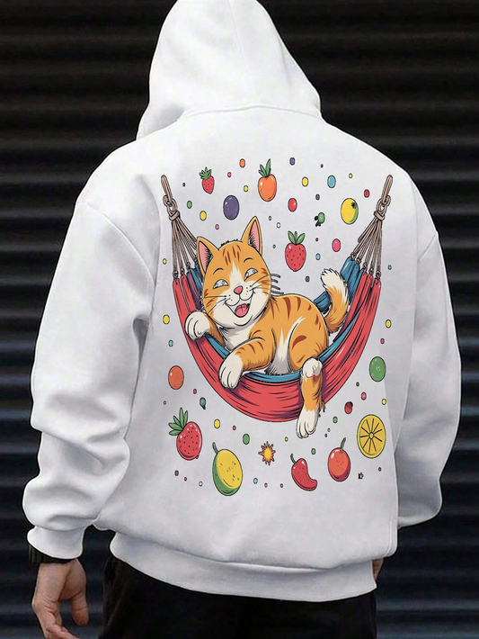 Men's Graphic Hoodie Juicy Fruits Colorful Hammock With Relaxed Playful Cat