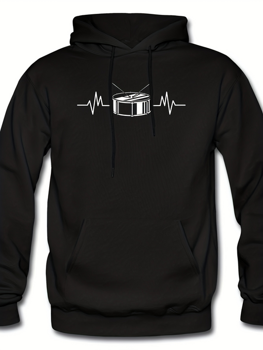 Men's Graphic Hoodie Heartbeat Line Surrounding A Detailed Snare Drum Design