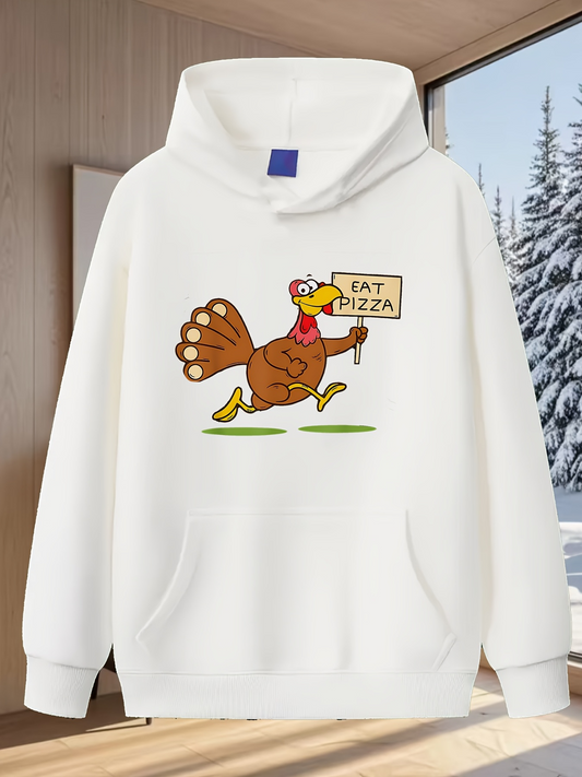 Men's Graphic Hoodie Eat Pizza Cartoon Turkey Holding A Sign With Playful Expression