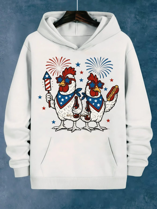 Men's Graphic Hoodie Colorful Fireworks With Stars And Patriotic Chickens Celebrating Festive Hotdog