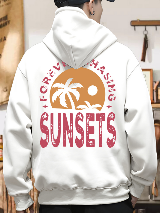 Men's Graphic Hoodie Forever Chasing Sunsets With Silhouetted Palms And Setting Sun Backdrop