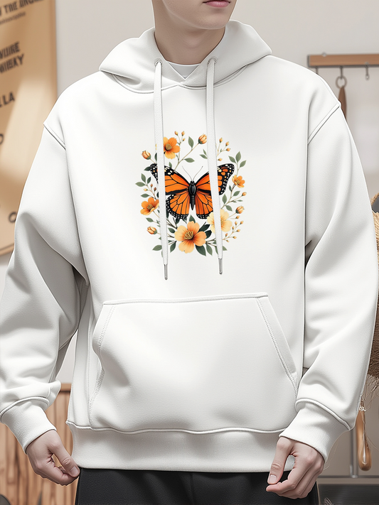 Men's Graphic Hoodie Vivid Spring Blooms Surrounding A Gentle Monarch Butterfly