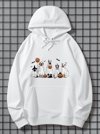 Men's Graphic Hoodie Playful Halloween Pumpkin With Ghostly Dogs Gathering Together