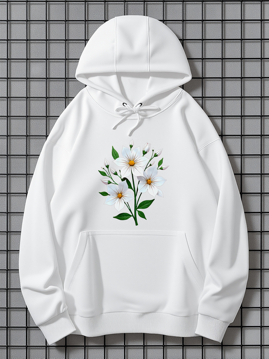 Men's Graphic Hoodie Delicate Green Leaves And White Petals Featuring A Blooming Flower