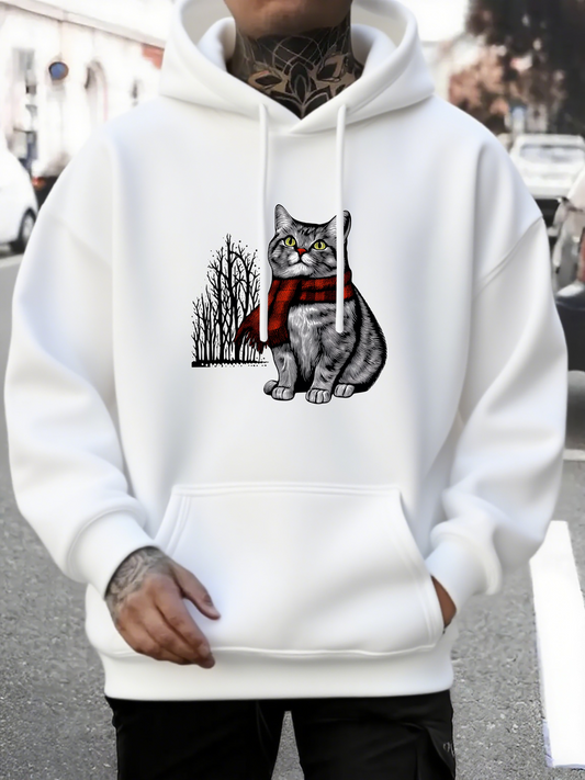 Men's Graphic Hoodie Striped Gray Cat Wearing Red Scarf Among Frosty Leafless Winter Trees Cat