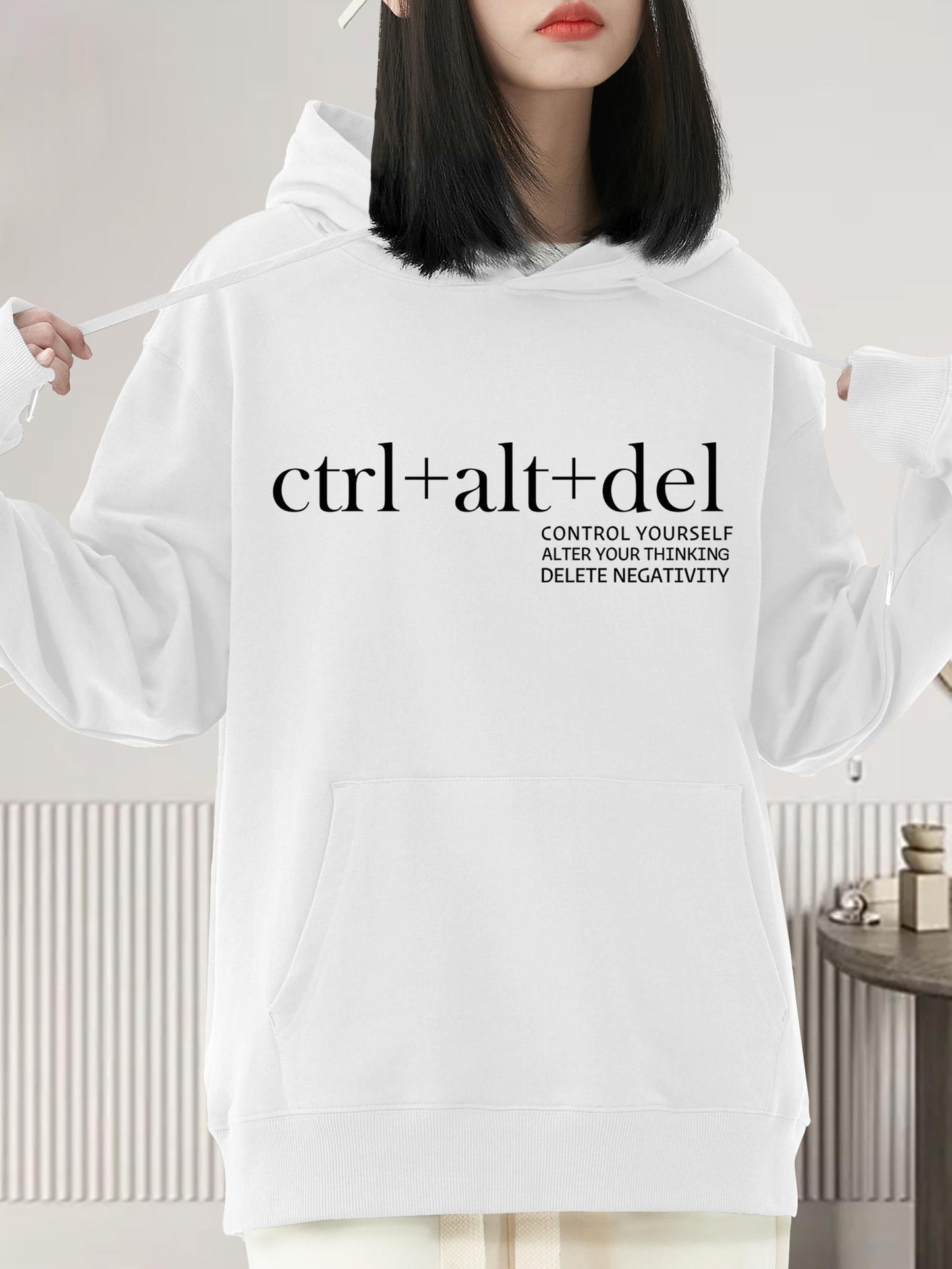 Women's Graphic Hoodie Ctrl Alt Del Minimalist Black Text Inspirational White Hoodie