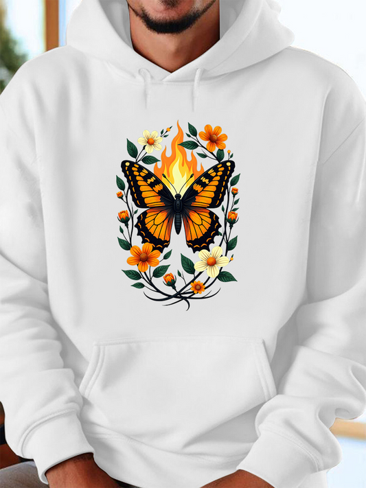 Men's Graphic Hoodie Floral Arrangement With Vibrant Orange Blossoms Surrounding A Fiery Butterfly