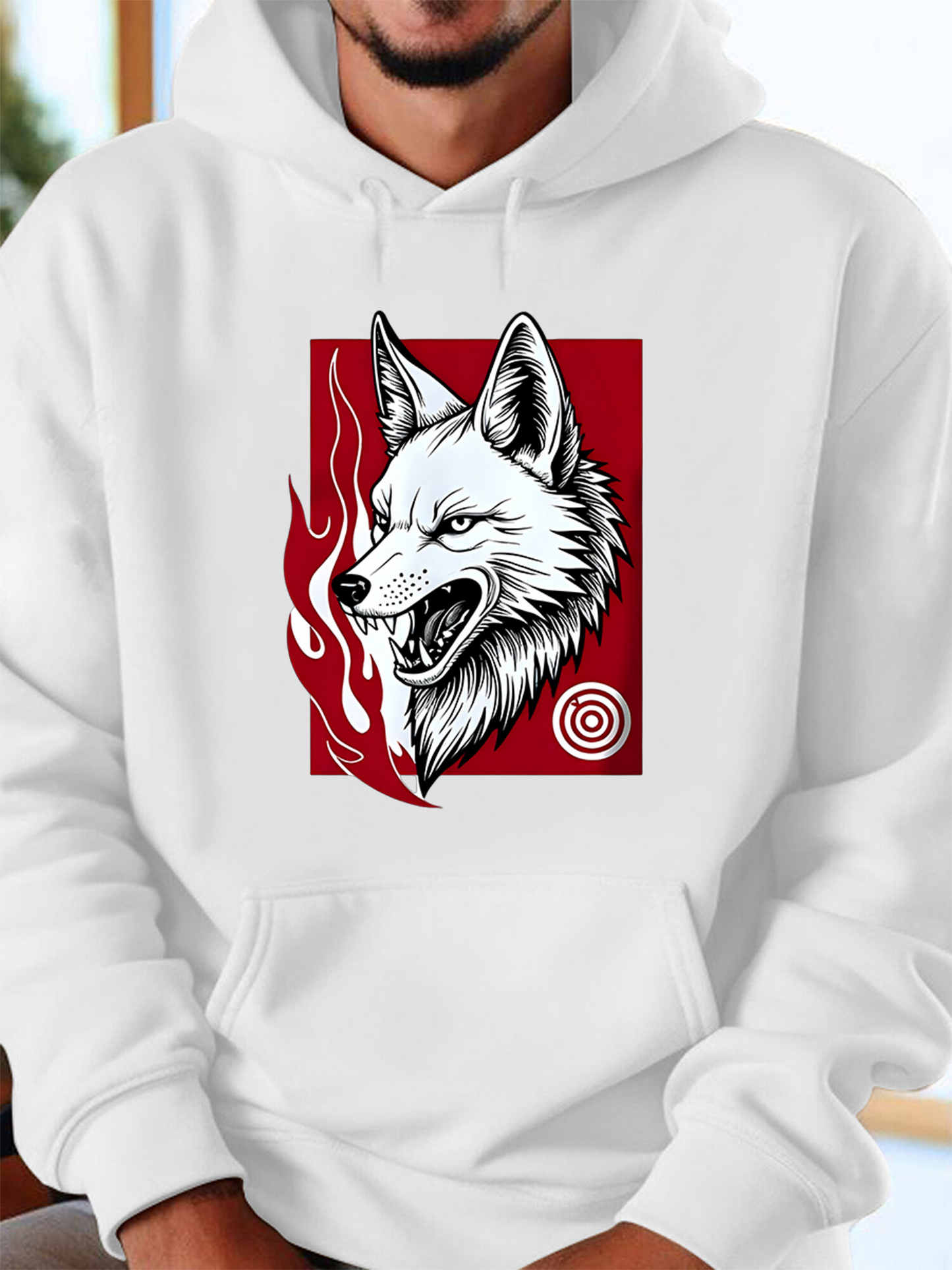 Men's Graphic Hoodie Bold Red Flames With Monochrome Fiery Eyes White Wolf