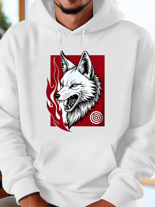 Men's Graphic Hoodie Bold Red Flames With Monochrome Fiery Eyes White Wolf