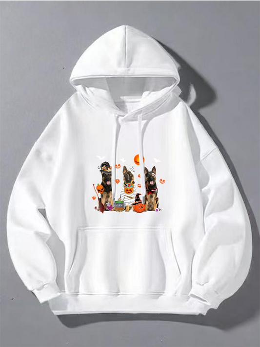 Men's Graphic Hoodie Pumpkin Patch Among Autumn Leaves With Playful Sitting Dogs