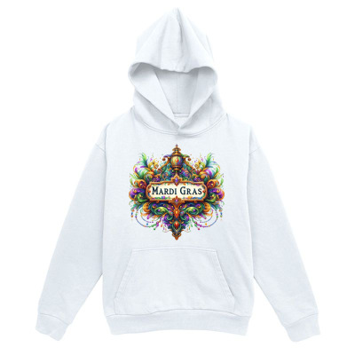 Men's Graphic Hoodie Mardi Gras Mask Surrounded By Colorful Swirling Feathers And Beads