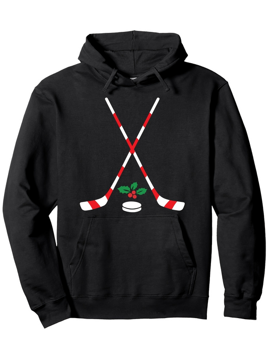 Men's Graphic Hoodie Candy Cane Patterned Hockey Sticks With Festive Berries And Black Puck