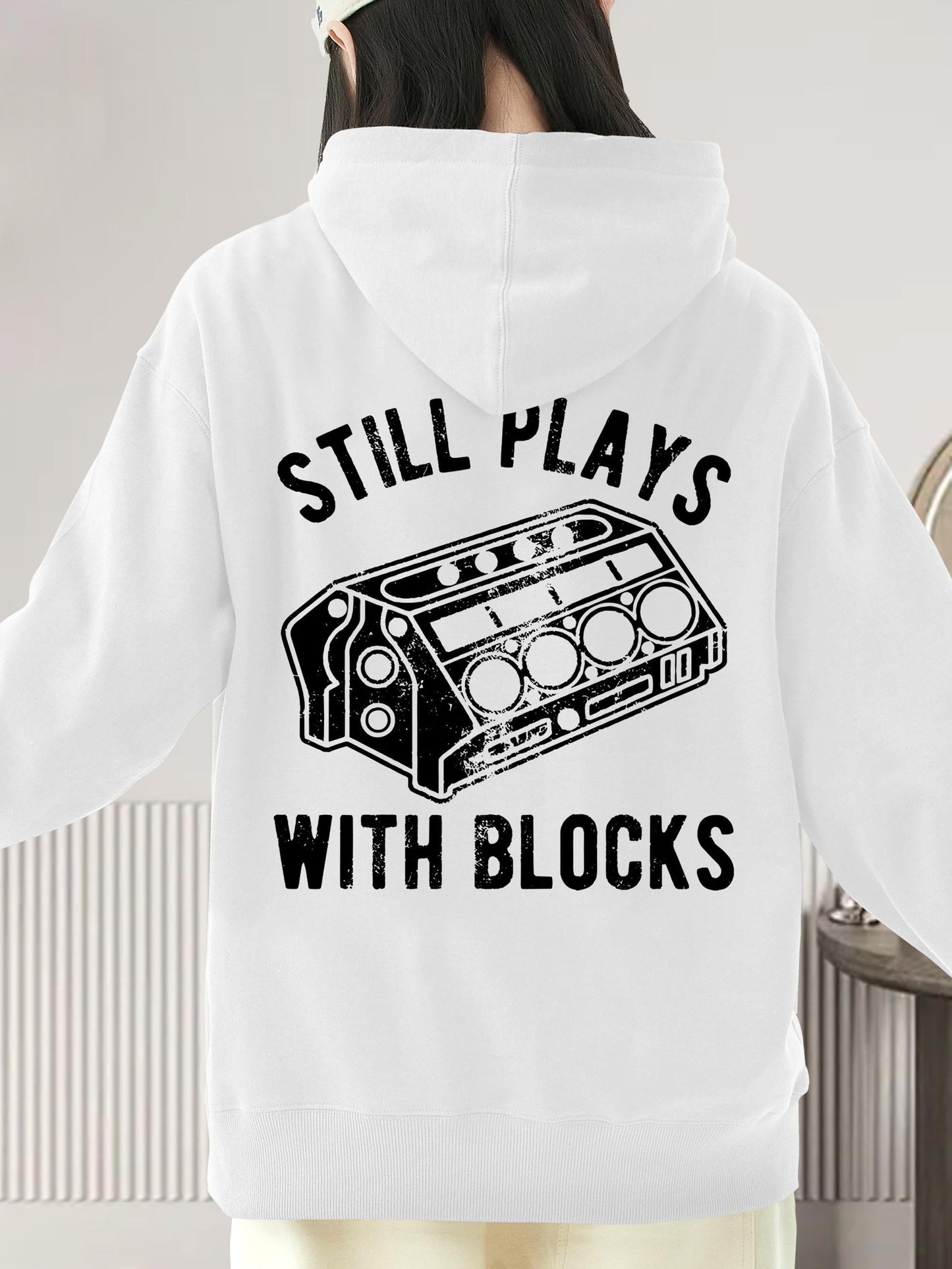 Women's Graphic Hoodie Still Plays With Blocks Mechanical Engine Among Black Bold Outlined Artwork