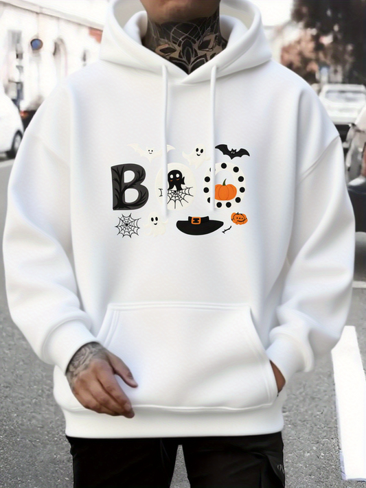 Men's Graphic Hoodie Boo With Floating Ghost Pumpkin Hat And Spooky Halloween Elements