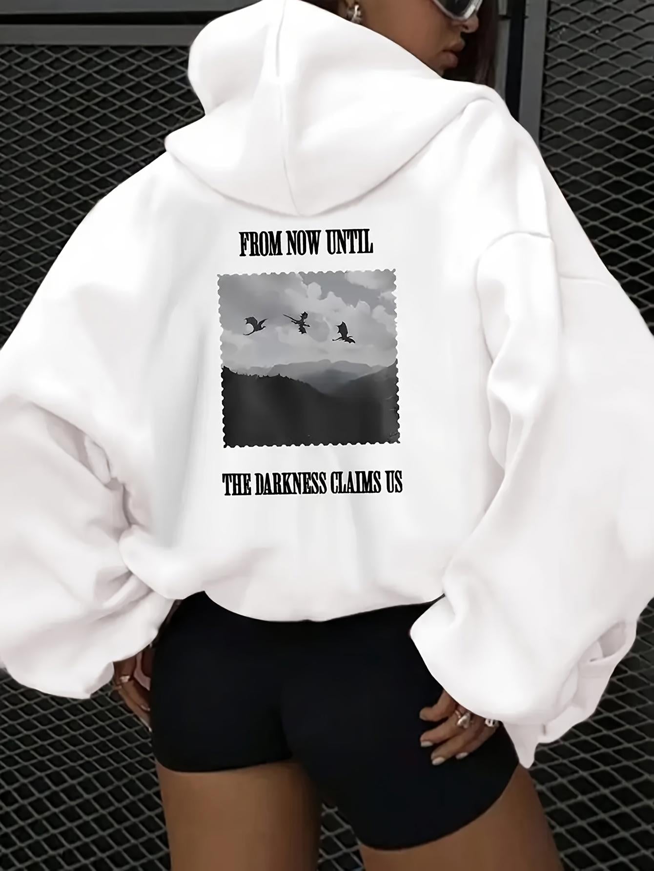 Women's Graphic Hoodie From Now Until The Darkness Claims Us Moody Mountains Silhouetted Birds Flying Over Valley