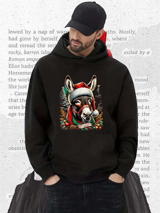 Men's Graphic Hoodie Christmas Donkey With Holly Garland And Festive Red Santa Hat Donkey