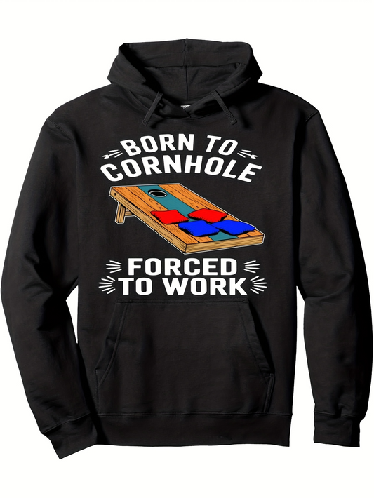 Men's Graphic Hoodie Born To Cornhole Forced To Work With Colorful Bags On Wooden Game Board