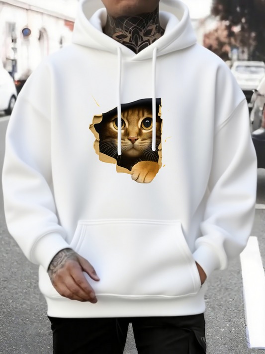Men's Graphic Hoodie Curious Eyes Peering Through Cracked Wall Playful Fluffy Brown Cat
