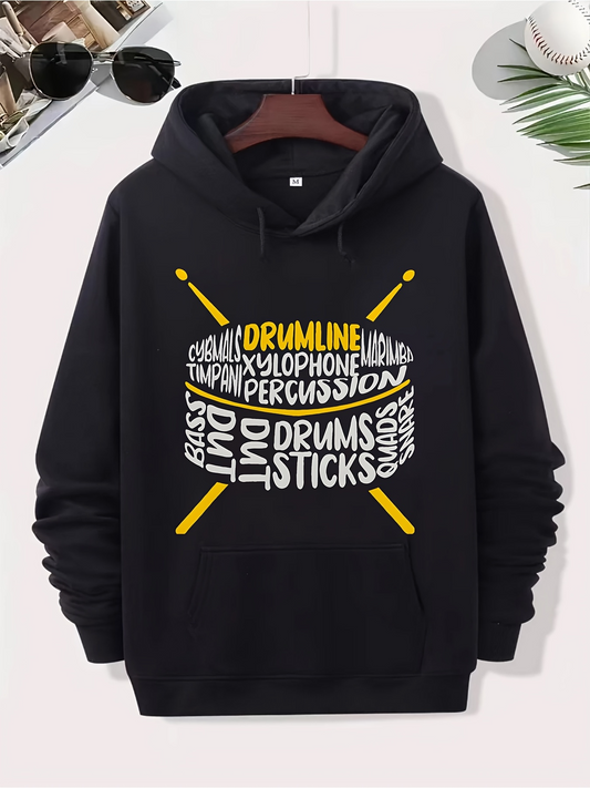 Men's Graphic Hoodie Drumline Music Words With Yellow Sticks Surrounded By Percussion Drum