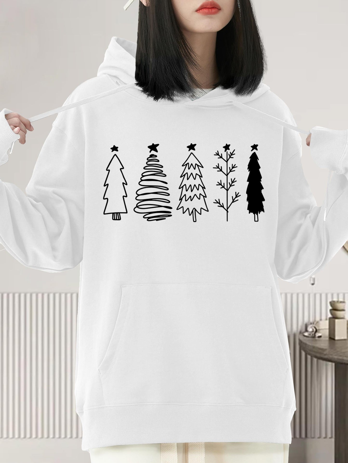 Women's Graphic Hoodie Minimalist Doodle Christmas Trees With Star Ornaments Lined Up Peaceful Tree