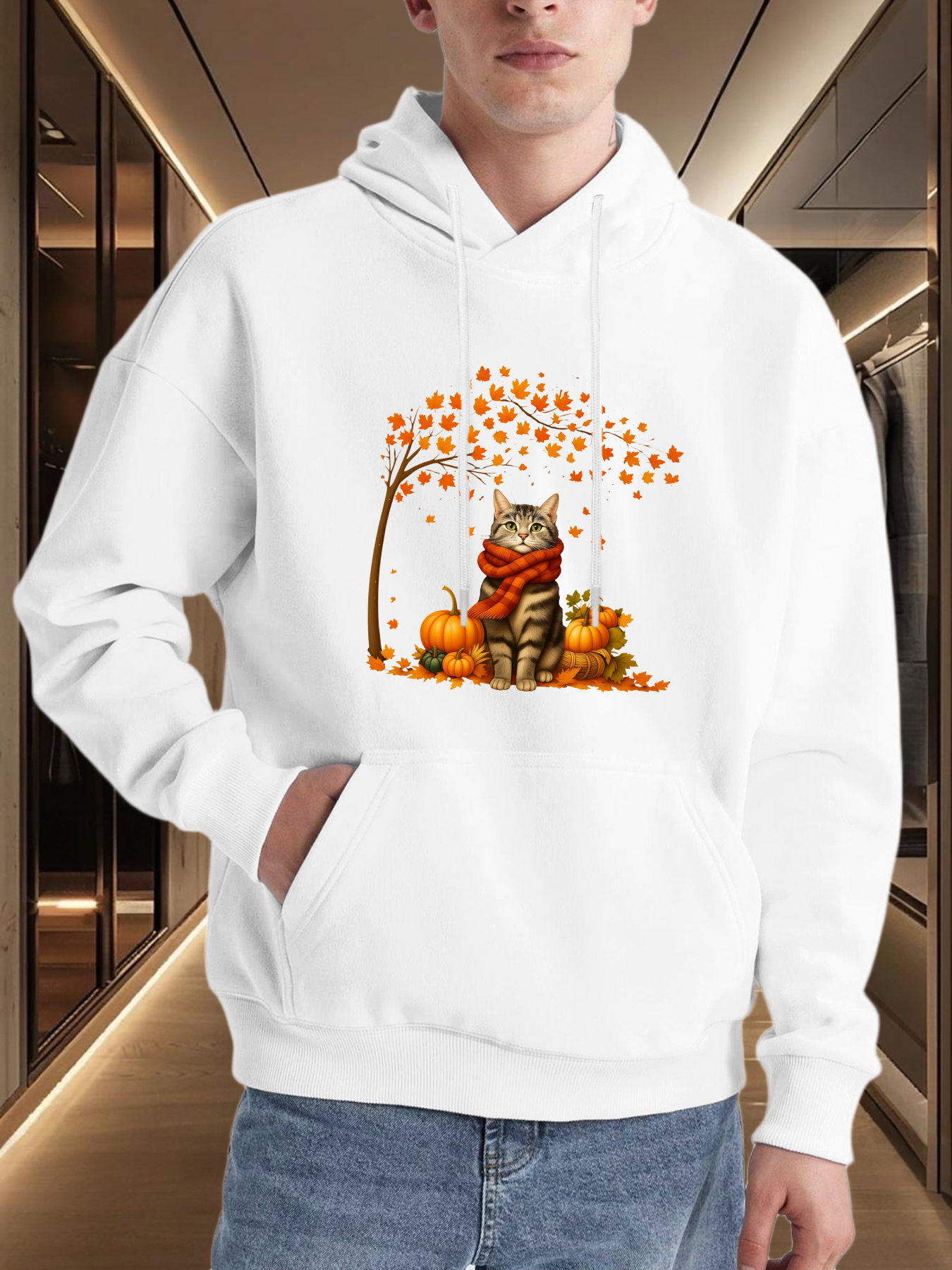 Men's Graphic Hoodie Autumn Leaves With Pumpkins And Cozy Cat Under Falling Tree