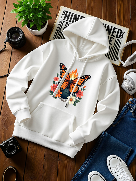 Men's Graphic Hoodie Floral Spring Blooms With Rising Fire Butterfly On White Hoodie