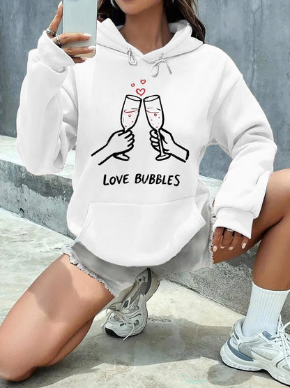 Women's Graphic Hoodie Love Bubbles Toasting Glasses With Sparkling Effervescent Hearts Champagne