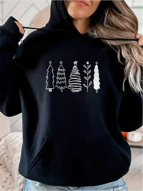 Women's Graphic Hoodie Minimalist Sketched Pines With Whimsical Winter Holiday Christmas Trees