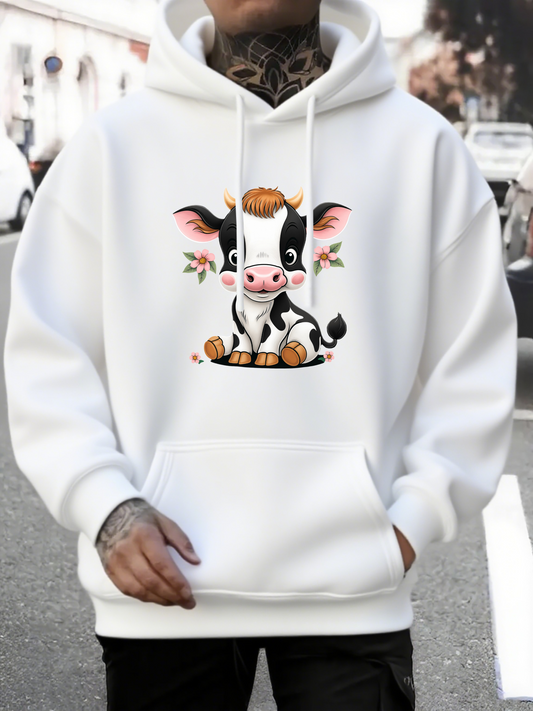 Men's Graphic Hoodie Cute Smiling Calf Among Blossoming Pink Flowers Calf