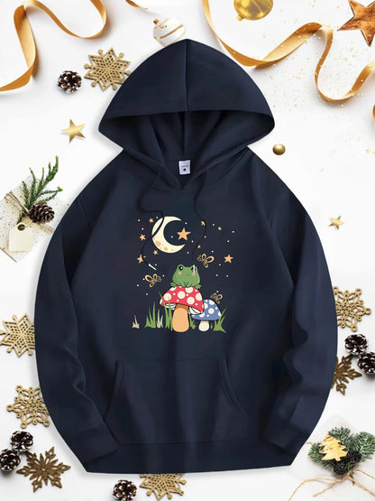 Men's Graphic Hoodie Starry Night With Moonlight Forest Mushrooms And Friendly Frog