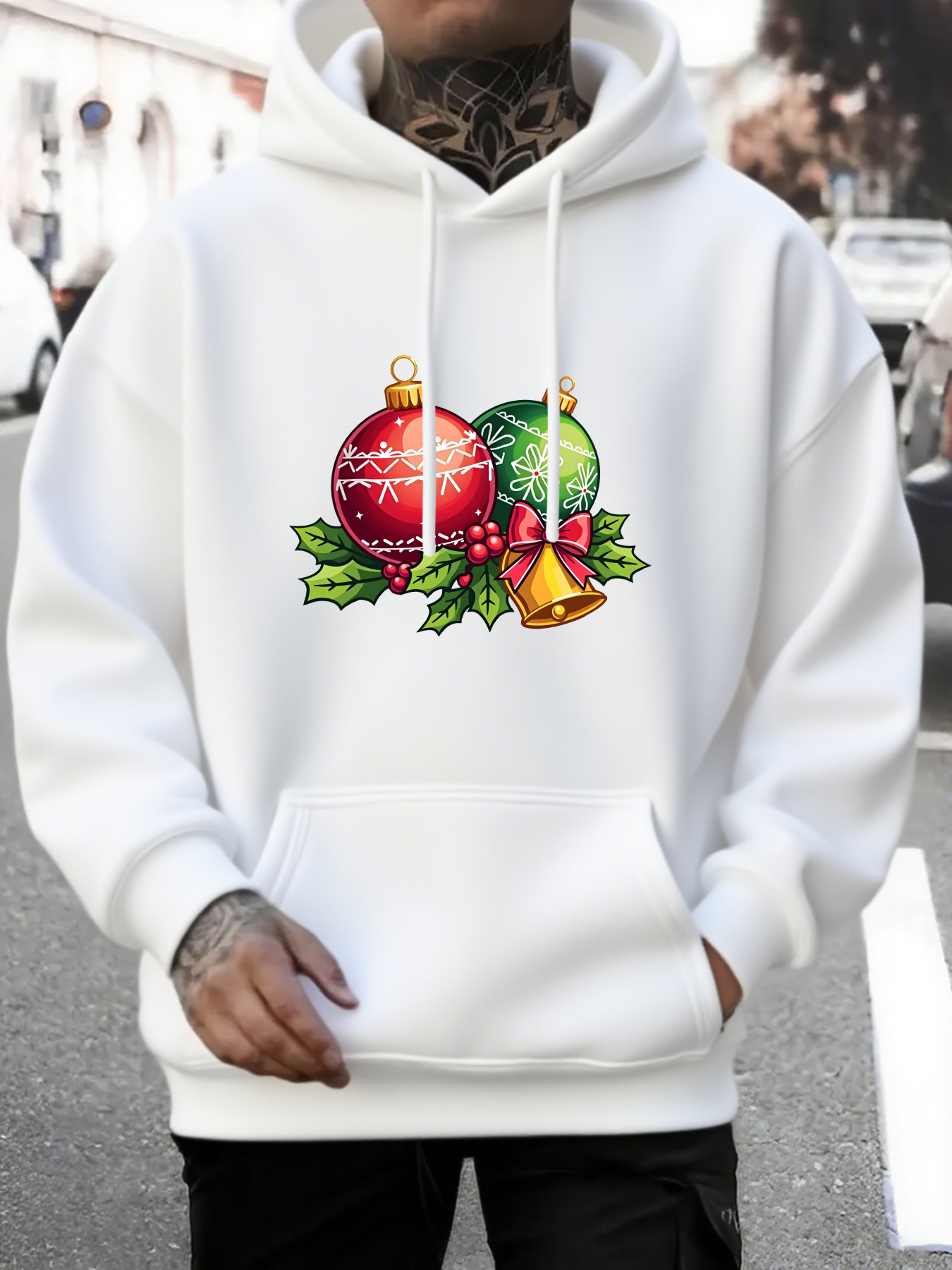 Men's Graphic Hoodie Christmas Ornament With Shining Bell And Green Holly Leaves