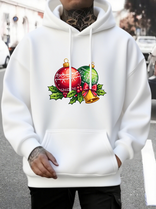 Men's Graphic Hoodie Christmas Ornament With Shining Bell And Green Holly Leaves