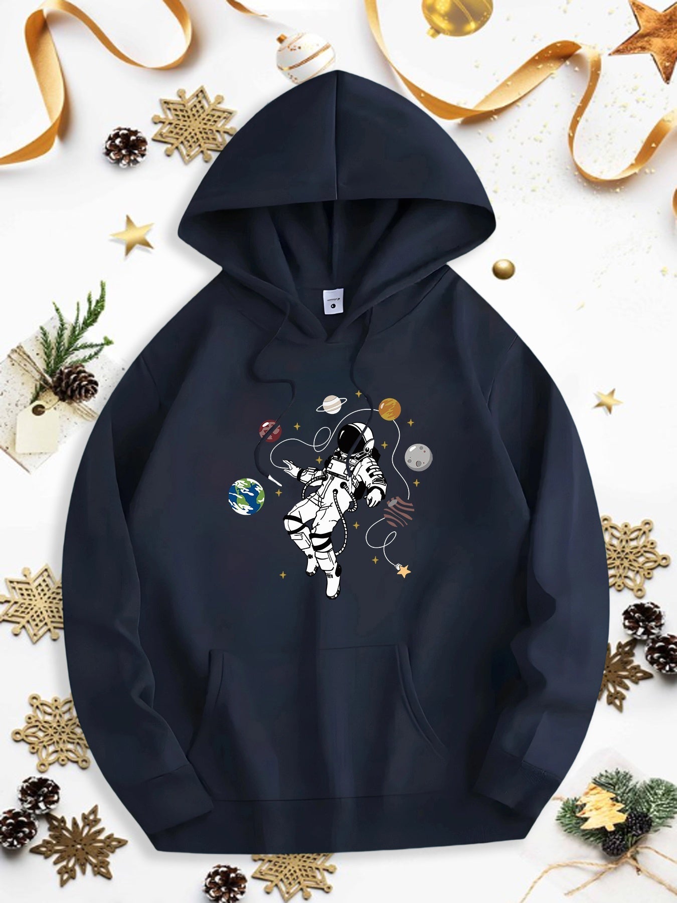 Men's Graphic Hoodie Colorful Planets Floating Around Playful Astronaut In Space Hoodie