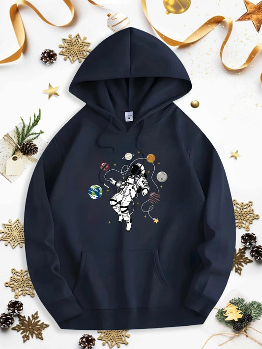 Men's Graphic Hoodie Colorful Planets Floating Around Playful Astronaut In Space Hoodie
