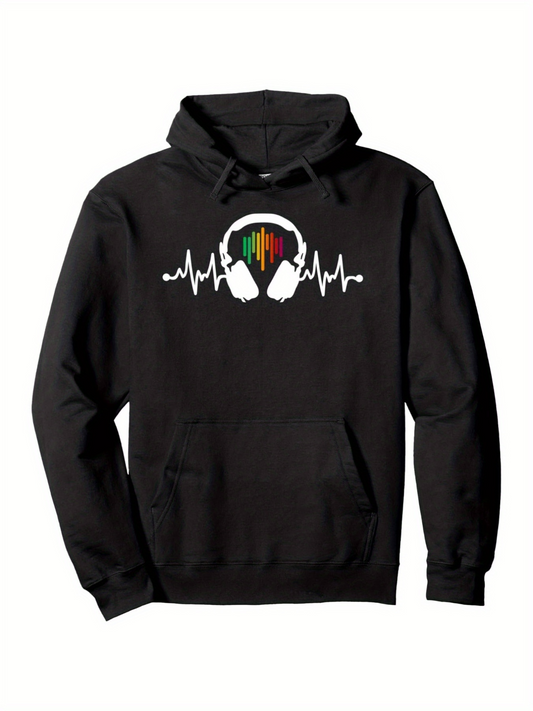 Men's Graphic Hoodie Colorful Pulse Lines With Headphones And Sound Wave Pattern