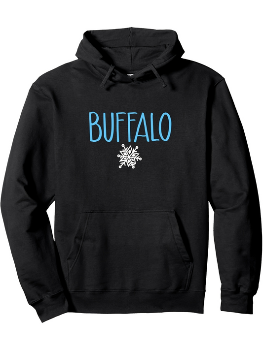 Men's Graphic Hoodie Buffalo Blue Lettering With Snowflake Motif Centered Winter Hoodie